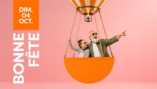Visuel d'un papy avec sa petite-fille dans une montgolfière à l'occasion de la fête des grands-pères. Faites décoller la joie avec le bon cadeau pour la fête des grands-pères le 4 octobre 2026